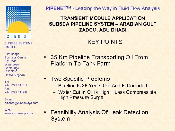 PIPENETTM - Leading the Way in Fluid Flow Analysis TRANSIENT MODULE APPLICATION SUBSEA PIPELINE