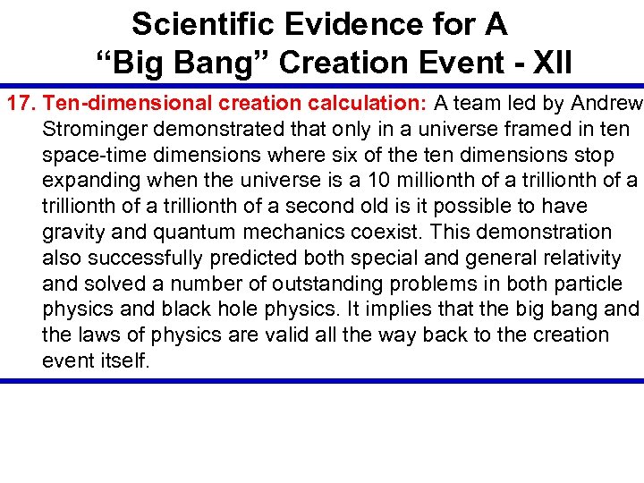 Scientific Evidence for A “Big Bang” Creation Event - XII 17. Ten-dimensional creation calculation: