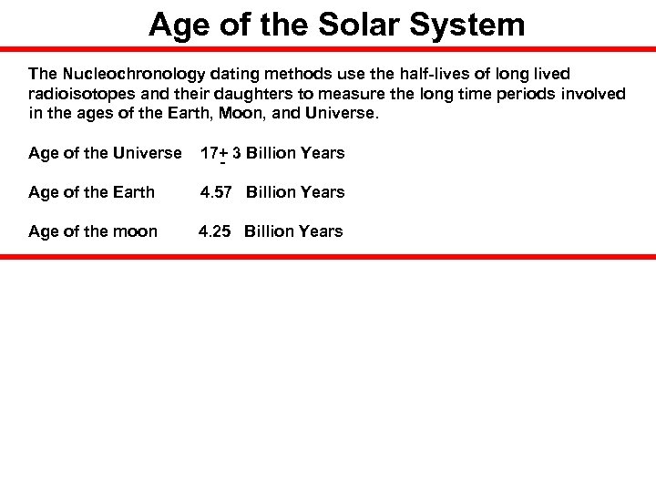Age of the Solar System The Nucleochronology dating methods use the half-lives of long