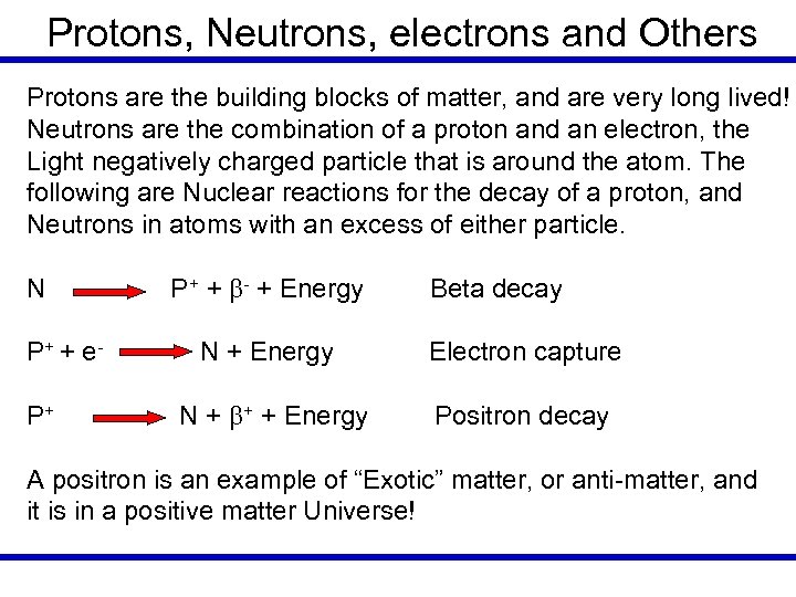 Protons, Neutrons, electrons and Others Protons are the building blocks of matter, and are