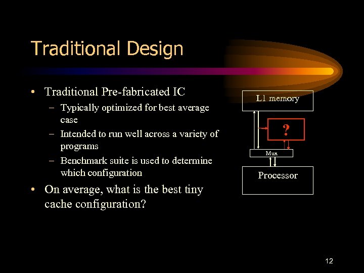 Traditional Design • Traditional Pre-fabricated IC – Typically optimized for best average case –
