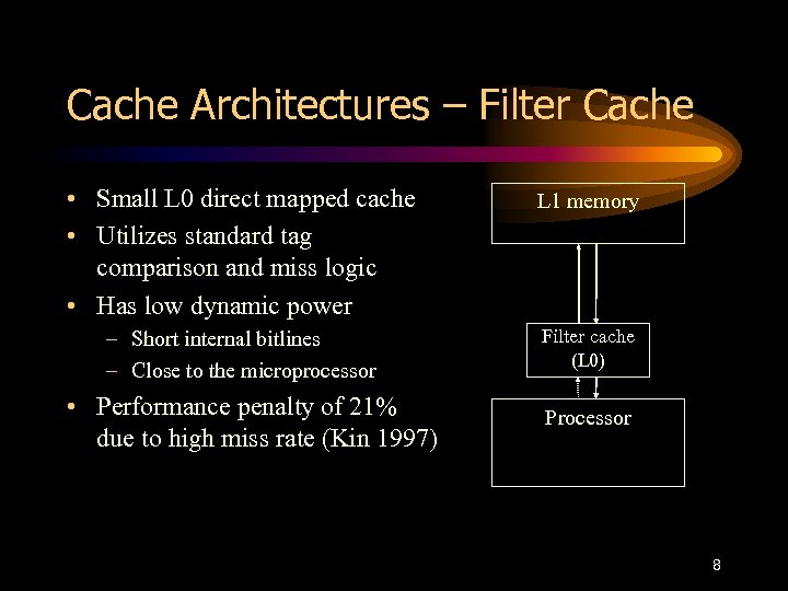 Cache Architectures – Filter Cache • Small L 0 direct mapped cache • Utilizes