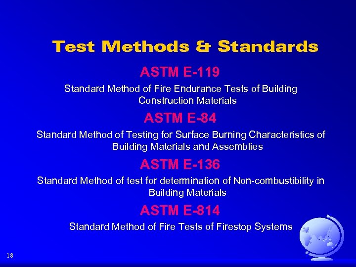 Test Methods & Standards ASTM E-119 Standard Method of Fire Endurance Tests of Building