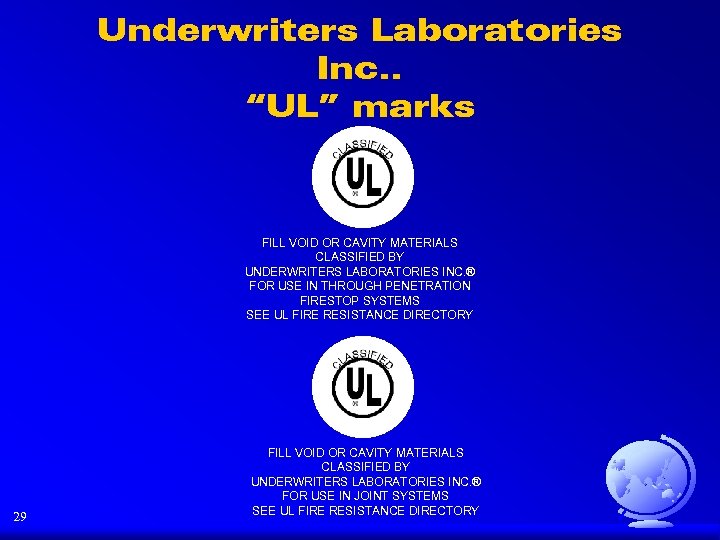 Underwriters Laboratories Inc. . “UL” marks FILL VOID OR CAVITY MATERIALS CLASSIFIED BY UNDERWRITERS