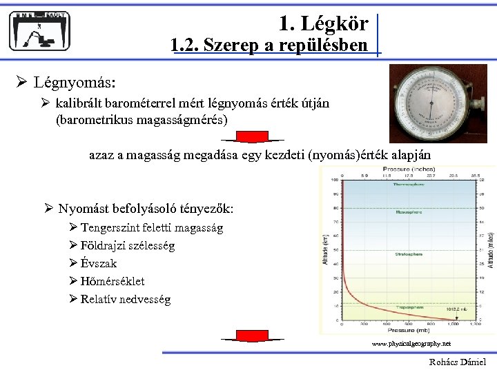 1. Légkör 1. 2. Szerep a repülésben Ø Légnyomás: Ø kalibrált barométerrel mért légnyomás