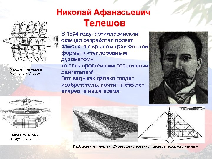 Николай Афанасьевич Телешов Махолёт Телешова, Меннона и Струве В 1864 году, артиллерийский офицер разработал