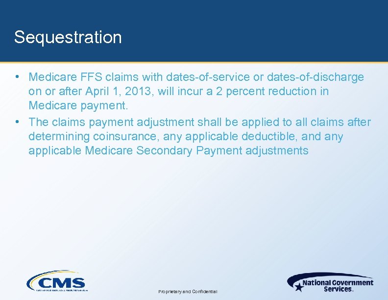 Sequestration • Medicare FFS claims with dates-of-service or dates-of-discharge on or after April 1,