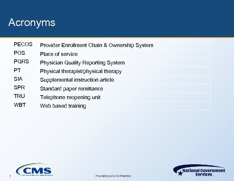 Acronyms PECOS POS Place of service PQRS Physician Quality Reporting System PT Physical therapist/physical