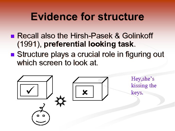 Evidence for structure Recall also the Hirsh-Pasek & Golinkoff (1991), preferential looking task. n