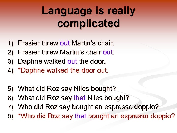 Language is really complicated 1) 2) 3) 4) Frasier threw out Martin’s chair. Frasier