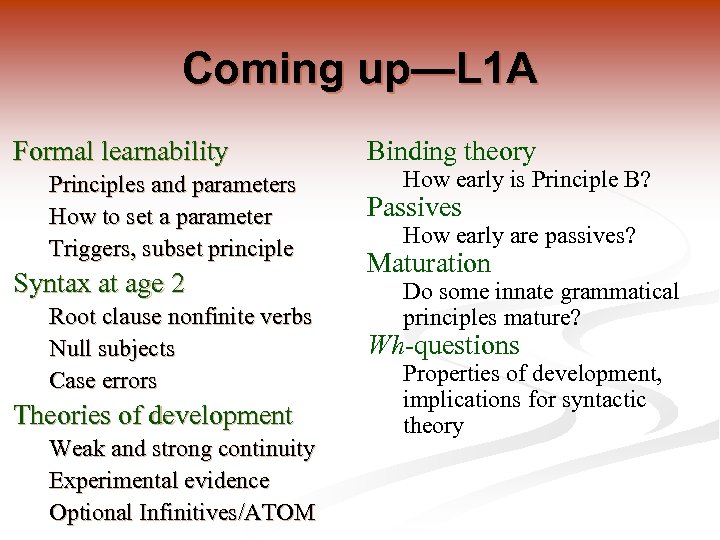 Coming up—L 1 A Formal learnability Principles and parameters How to set a parameter