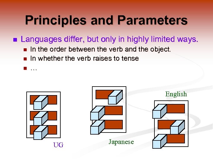 Principles and Parameters n Languages differ, but only in highly limited ways. n n