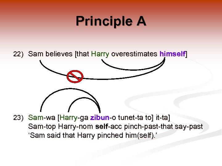 Principle A 22) Sam believes [that Harry overestimates himself] 23) Sam-wa [Harry-ga zibun-o tunet-ta