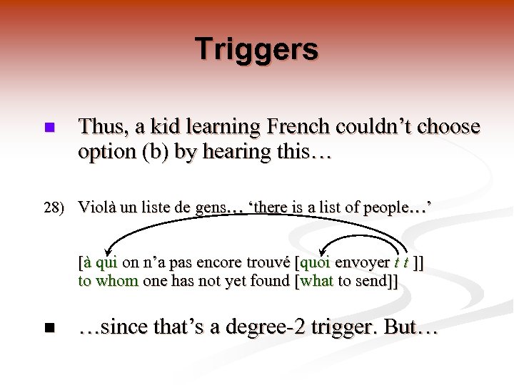 Triggers n Thus, a kid learning French couldn’t choose option (b) by hearing this…