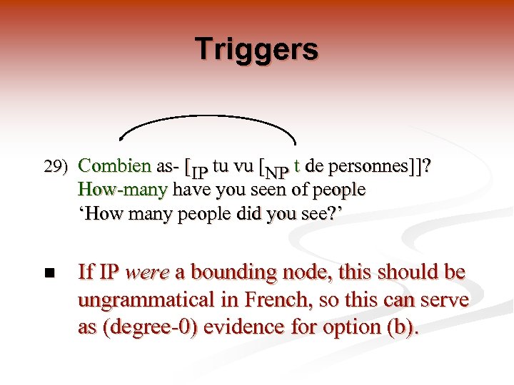 Triggers 29) Combien as- [IP tu vu [NP t de personnes]]? How-many have you