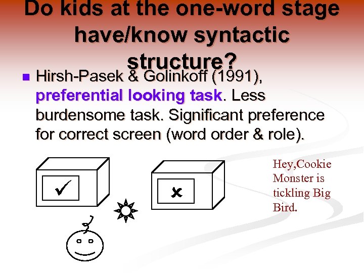 Do kids at the one-word stage have/know syntactic structure? n Hirsh-Pasek & Golinkoff (1991),