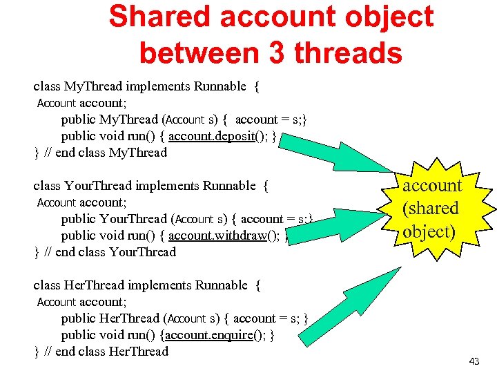 Shared account object between 3 threads class My. Thread implements Runnable { Account account;