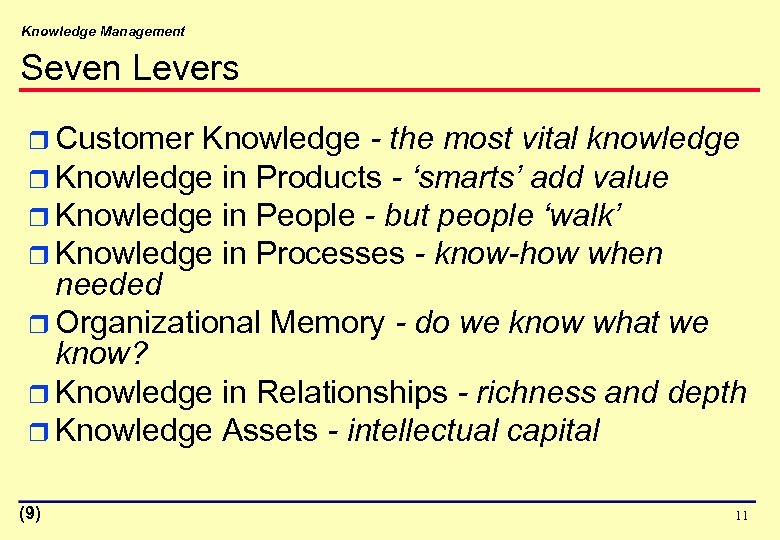Knowledge Management Seven Levers r Customer Knowledge - the most vital knowledge r Knowledge