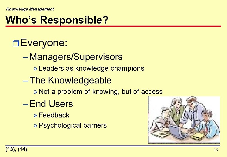 Knowledge Management Who’s Responsible? r Everyone: – Managers/Supervisors » Leaders as knowledge champions –