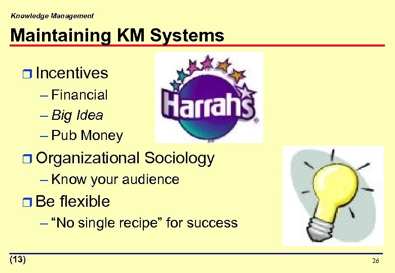 Knowledge Management Maintaining KM Systems r Incentives – Financial – Big Idea – Pub