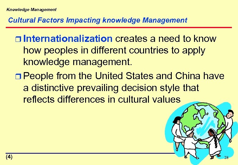 Knowledge Management Cultural Factors Impacting knowledge Management r Internationalization creates a need to know