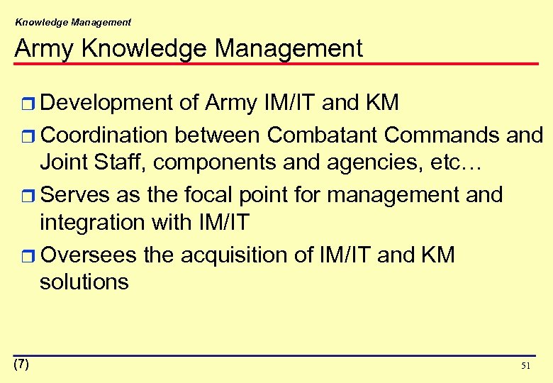 Knowledge Management Army Knowledge Management r Development of Army IM/IT and KM r Coordination