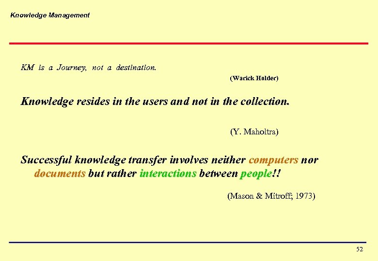 Knowledge Management KM is a Journey, not a destination. (Warick Holder) Knowledge resides in
