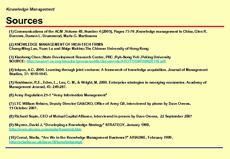 Knowledge Management Sources (1) Communications of the ACM , Volume 48, Number 4 (2005),