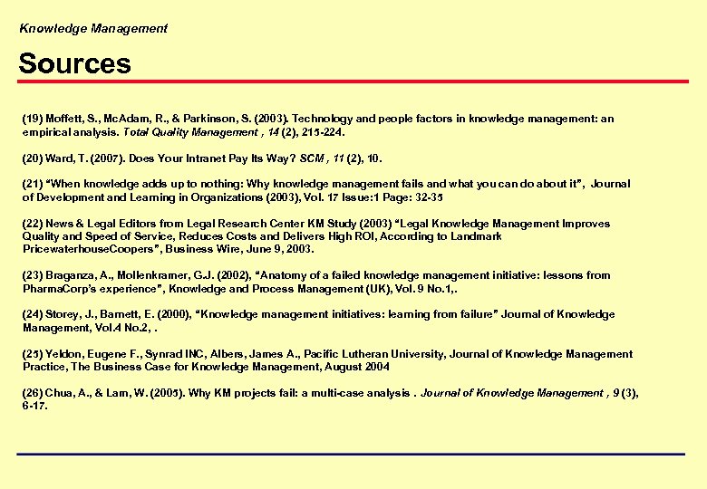 Knowledge Management Sources (19) Moffett, S. , Mc. Adam, R. , & Parkinson, S.