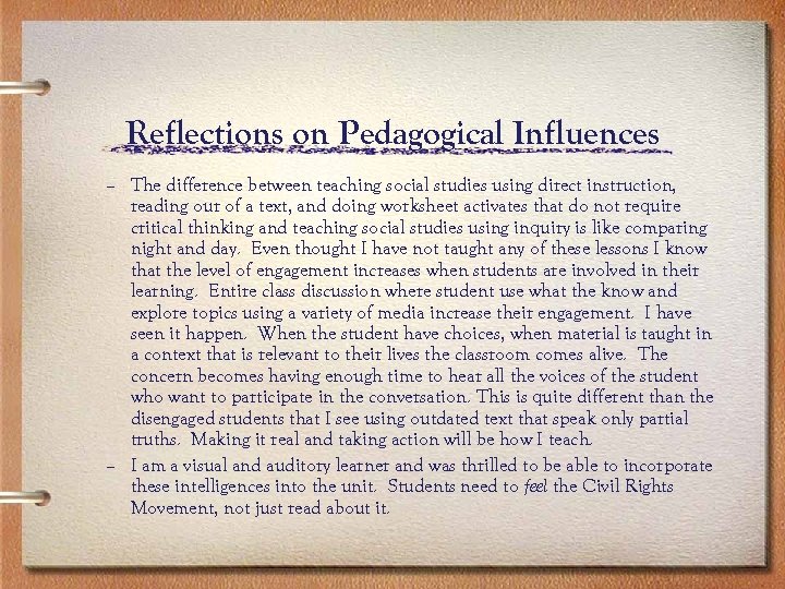 Reflections on Pedagogical Influences – The difference between teaching social studies using direct instruction,