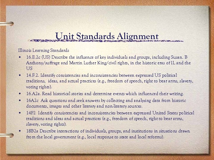 Unit Standards Alignment Illinois Learning Standards • 16. E. 2 c (US) Describe the