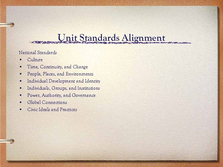 Unit Standards Alignment National Standards • Culture • Time, Continuity, and Change • People,