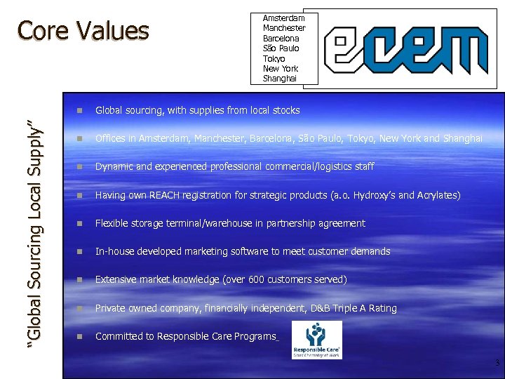 Core Values Amsterdam Manchester Barcelona São Paulo Tokyo New York Shanghai “Global Sourcing Local