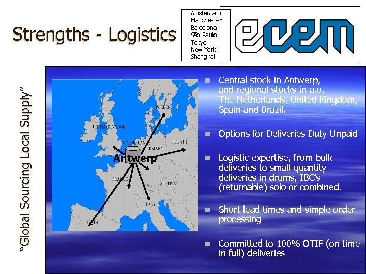 Strengths - Logistics Amsterdam Manchester Barcelona São Paulo Tokyo New York Shanghai “Global Sourcing