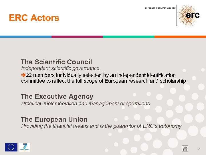 European Research Council ERC Actors The Scientific Council Independent scientific governance è 22 members