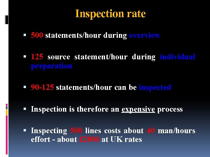 Inspection rate 500 statements/hour during overview 125 source statement/hour during individual preparation 90 -125