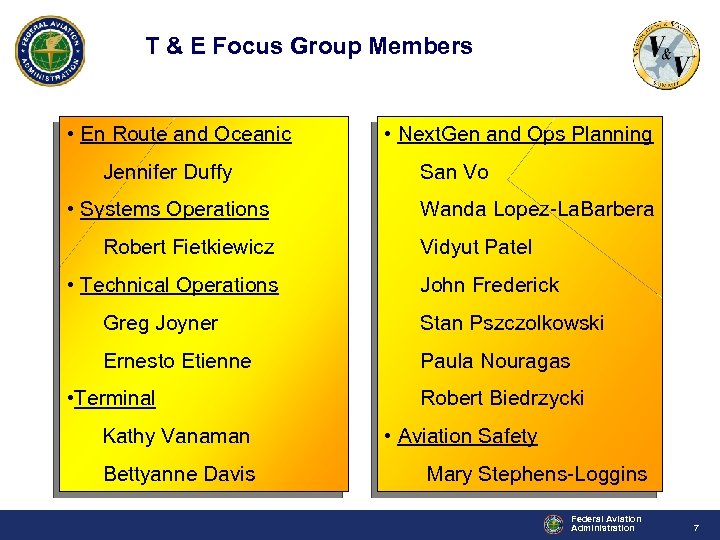 T & E Focus Group Members • En Route and Oceanic Jennifer Duffy •