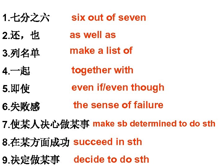 1. 七分之六 six out of seven 2. 还，也 as well as 3. 列名单 make