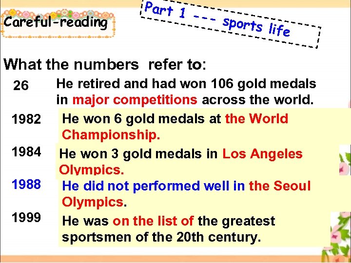 Careful-reading Part 1 --- sp orts li fe What the numbers refer to: 26