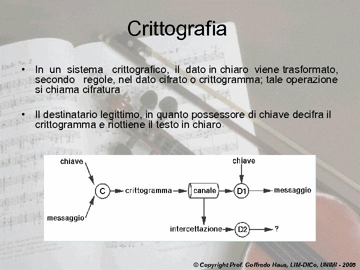Crittografia • In un sistema crittografico, il dato in chiaro viene trasformato, secondo regole,