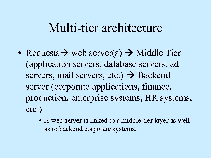 Multi-tier architecture • Requests web server(s) Middle Tier (application servers, database servers, ad servers,