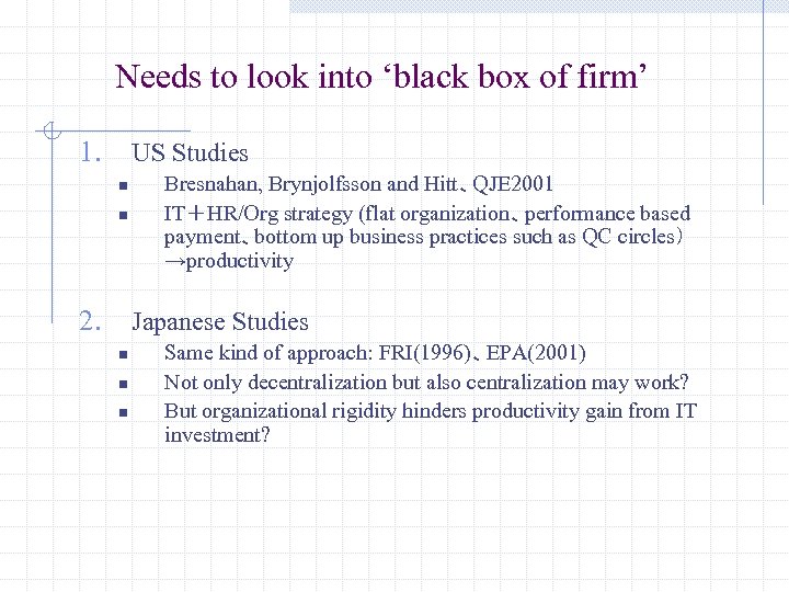 Needs to look into ‘black box of firm’ 1. US Studies n n 2.