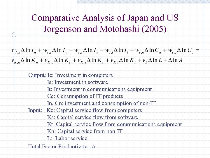 Comparative Analysis of Japan and US Jorgenson and Motohashi (2005) Output: Ic: Investment in