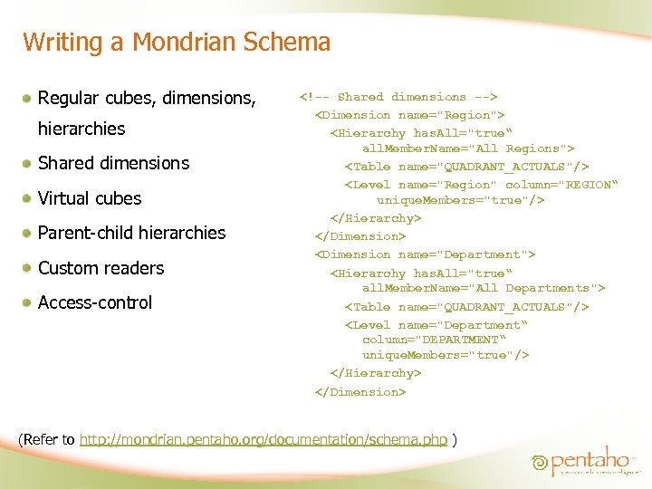 Writing a Mondrian Schema Regular cubes, dimensions, hierarchies Shared dimensions Virtual cubes Parent-child hierarchies