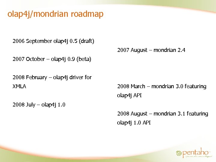 olap 4 j/mondrian roadmap 2006 September olap 4 j 0. 5 (draft) 2007 August