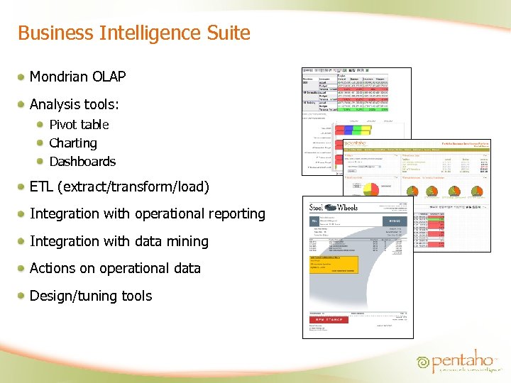 Business Intelligence Suite Mondrian OLAP Analysis tools: Pivot table Charting Dashboards ETL (extract/transform/load) Integration