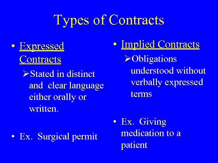 Types of Contracts • Expressed Contracts ØStated in distinct and clear language either orally