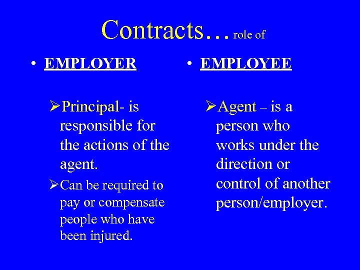 Contracts… role of • EMPLOYER ØPrincipal- is responsible for the actions of the agent.