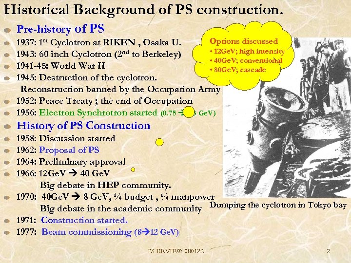 Historical Background of PS construction. Pre-history of PS Options discussed 1937: 1 st Cyclotron