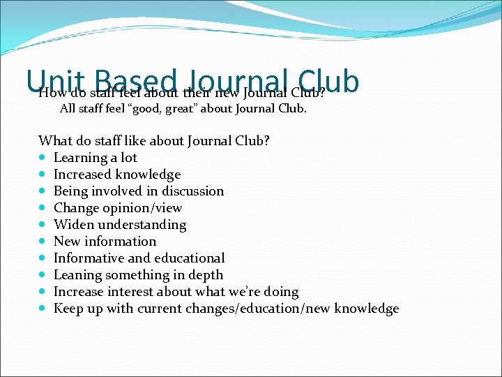 Unit Based Journal Club How do staff feel about their new Journal Club? All